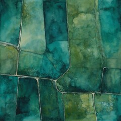 watercolor abstract top view painting of fields, green and teal colors, textured lands wallpaper background