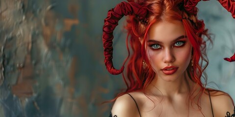 Woman wearing devil costume with horns for Halloween looking captivating and mysterious. Concept Halloween Costume, Devil Outfit, Mysterious Look, Captivating Pose