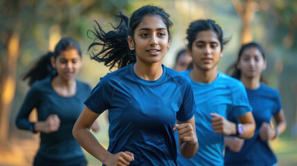 Group of young indian people in sports clothing jogging together outdoors
