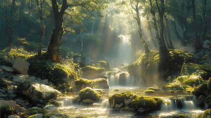printable mural of serene forest glade sunlight filtering through canopy mosscovered rocks babbling brook winding its way through the scene creating a peaceful and rejuvenating atmosphere in any room