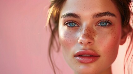 beautiful woman with flawless face skin, softly lit with a pink backdrop