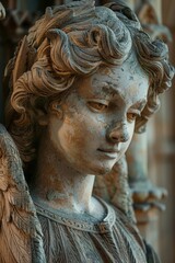 Detailed view of an antique stone sculpture with intricate carving work, depicting a young angel's...