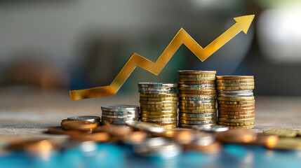 Coins stacking with up arrow and percentage for increasing interest rate and inflation concept
