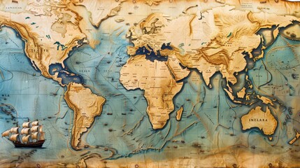 Fototapeta premium Illustrate a world map indicating the major trade routes used throughout history, from the Silk Road to modern shipping lanes. Include annotations for key trade hubs.