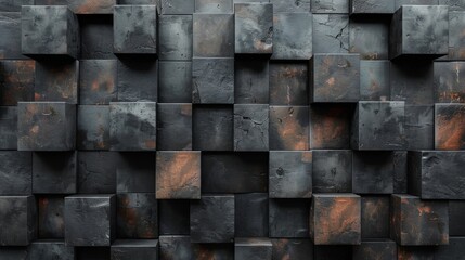 Dynamic image of a 3D wall tiled with geometric black stone blocks, showing shadows and light contrasts