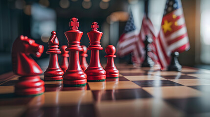 Naklejka premium Chess table with pawns covered in Chinese and American flags, trade wars and cooperation concepts