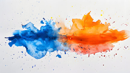 Brush and splash of orange and blue watercolor stain on paper