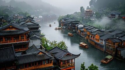 In a high-angle shot, the traditional wooden houses of an ancient Chinese town stretch along a winding street. Boats rest by the riverbank, and the misty rain creates a magical, serene atmosphere.