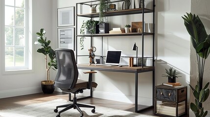 In a modern office decor style, a small desk features open shelves above it and an industrial metal mesh back panel. 