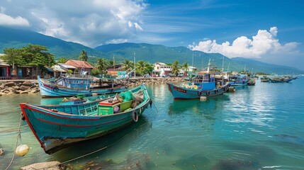 In a picturesque coastal village, colorful fishing boats are moored at the dock, ready for another day at sea. 