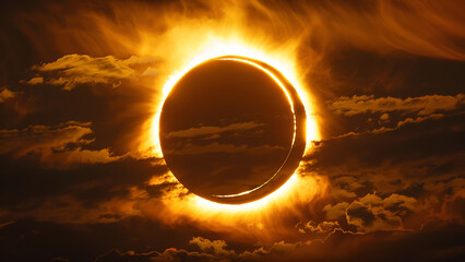 Obraz premium Spectacular Solar Eclipse with Fiery Corona and Dramatic Cloud Cover