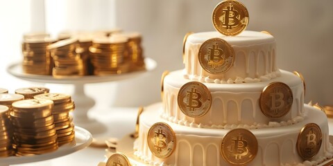Bitcointhemed cake with edible gold accents representing halving events and mining rewards. Concept Bitcoin-themed Cake, Edible Gold Accents, Halving Events, Mining Rewards
