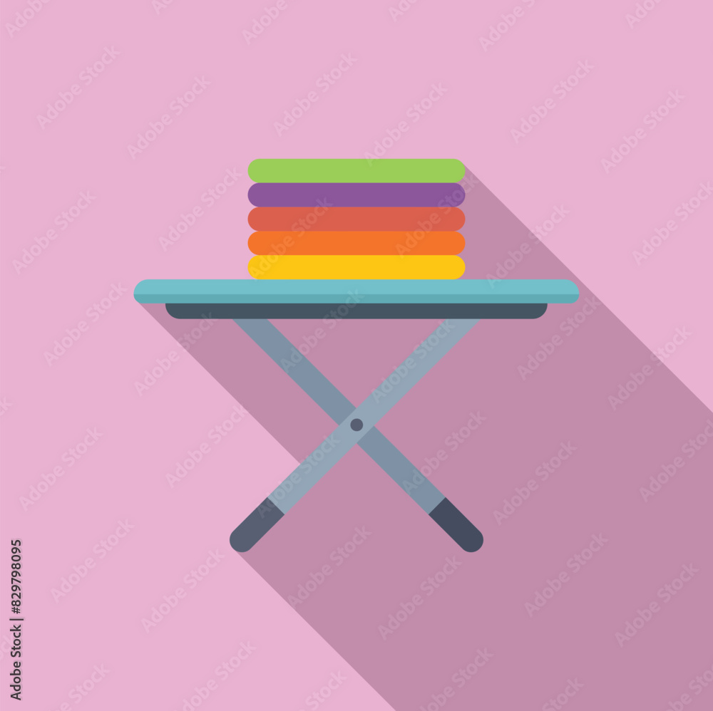 Poster vector graphic depicting neatly stacked towels in vibrant colors on a simple ironing board with a pi