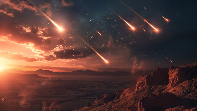 "Spectacular Meteor Shower Over Desert Landscape at Dusk