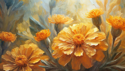 Digital botanical painting close up of bunch of orange Marigold flowers, oil painting floral bouquet