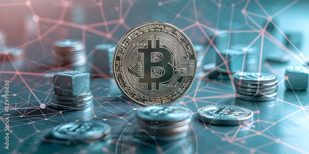 Poster floating golden bitcoin cubes symbolize cryptocurrency value over digital grid network. concept cryp