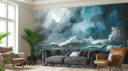 printable mural showcasing a dramatic thunderstorm with dark clouds flashes of lightning and rolling thunder creating a dynamic and atmospheric scene