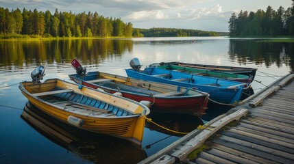 Obraz premium Moored to a pier at a Finnish camping site, motor boats, cutters, and small fishing rowing boats sit peacefully. The surrounding forest 
