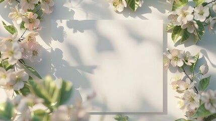 White paper framed by a beautiful nature setting with flowers in bloom and leafy branches with copy space for text