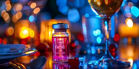 Closeup of an epinephrine autoinjector on a table in a dining setting. Concept Medical Supplies, Emergency Preparedness, Allergy Awareness, Dining Safety, Healthcare Essentials