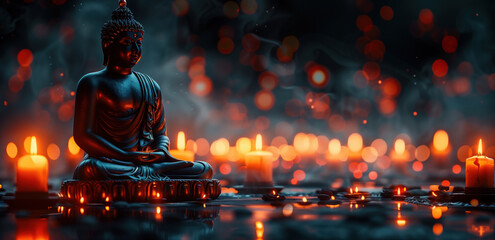 Serene Buddha Statue with Candlelight in the Evening.