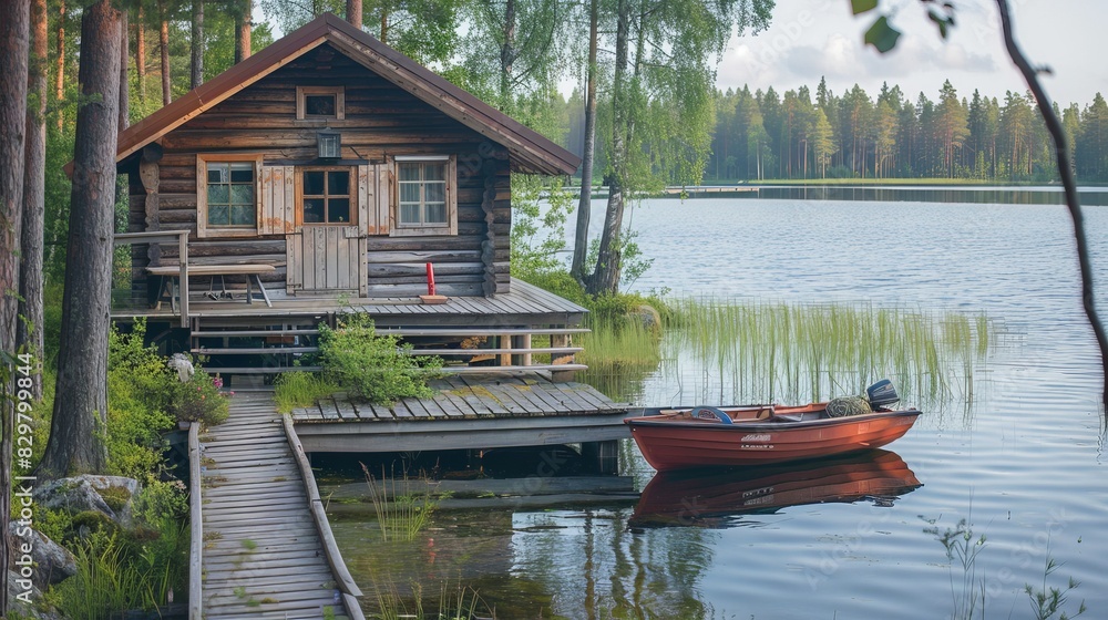 Canvas Prints Nestled by the lake, a traditional Finnish sauna cottage made of wood offers a peaceful retreat. The pier, complete with a fishing boat, enhances the charm of the summer landscape