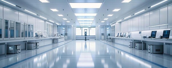 Cleanroom with advanced lithography equipment for chip manufacturing, white and blue tones, realistic, detailed