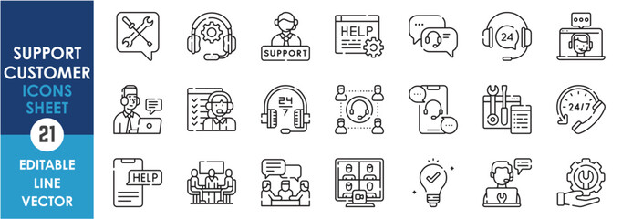A set of line icons related to customer care and support. Support, care, call, assist, help, digital, conversation, idea and so on. Vector outline icons set.