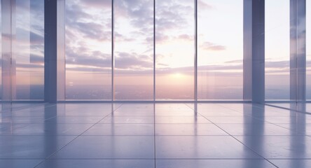 The core concept of the image is observing the sunrise through floor-to-ceiling windows in a spacious and transparent skyscraper