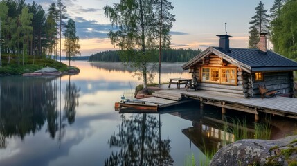 Obraz premium Overlooking a serene lake, a traditional Finnish sauna cottage made of wood invites relaxation. The pier, complete with a fishing boat, and the surrounding summer landscape enhance 