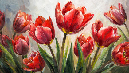 Digital botanical painting close up of a bunch of white red tulips, oil painting floral bouquet