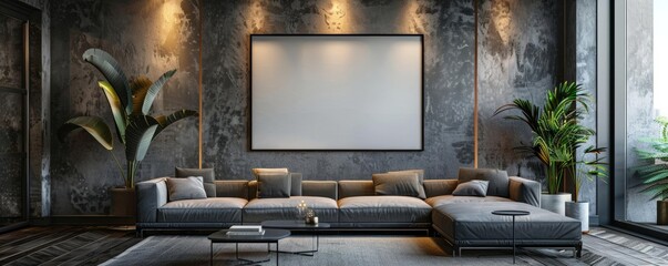 Contemporary condo, A2 frame on textured wall, minimal decor, spotlight lighting, highquality 3D render