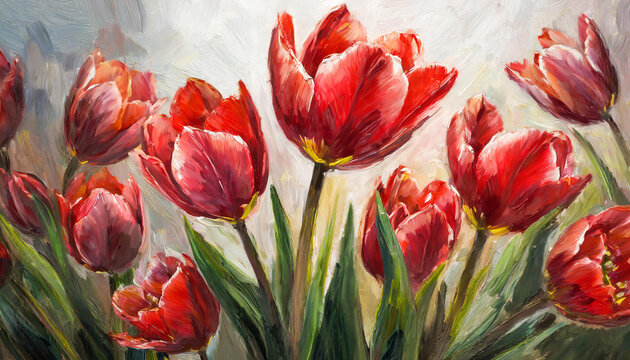 Digital botanical painting close up of a bunch of white red tulips, oil painting floral bouquet