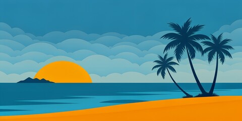 Obraz premium tree on the beach Illustration of palm trees, sea and sand with sky. summer illustrations for the opening album, letter, background wallpaper, collage, art