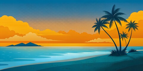 sunset on the beach Illustration of palm trees, sea and sand with sky. summer illustrations for the opening album, letter, background wallpaper, collage, art