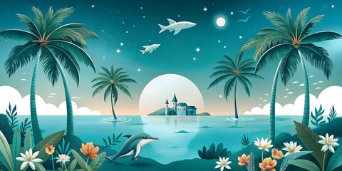 Obraz premium tropical island with palm trees Illustration of palm trees, sea and sand with sky. summer illustrations for the opening album, letter, background wallpaper, collage, art green 