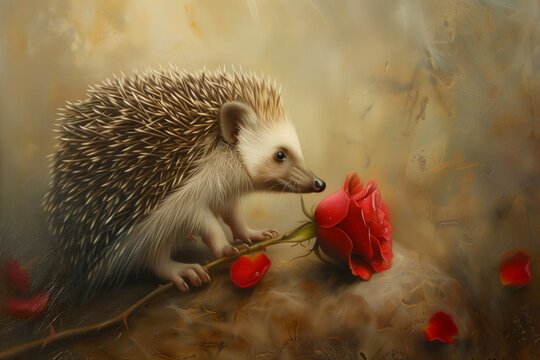 hedgehog smells a rose