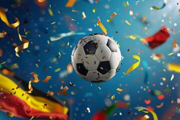 A festive football soccer ball with a Belgium flag on the background of the stadium