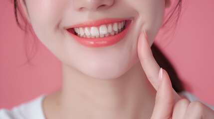 Obraz premium A close-up photograph of a woman pointing to her healthy gums and tooth with a joyful expression, relaxed pose, simple solid color background