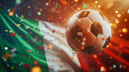 A festive football soccer ball with a Italy flag on the background of the stadium
