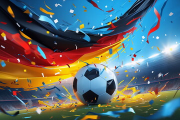 A festive football soccer ball with a German flag on the background of the stadium