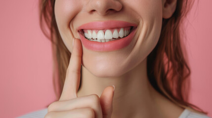 Obraz premium A close-up photograph of a woman pointing to her healthy gums and tooth with a joyful expression, relaxed pose, simple solid color background