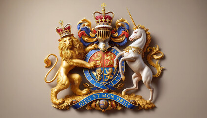 A regal coat of arms featuring a lion and a unicorn, symbolizing royalty.