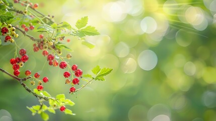 Fototapeta premium Blurred green backdrop with branches and flowers Ornamental crimson currant on a spring themed greeting card for celebrating occasions like Mother s Day or birthdays