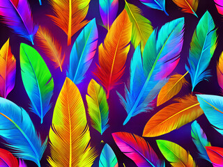 seamless pattern of colorful, vibrant feathers in various shades