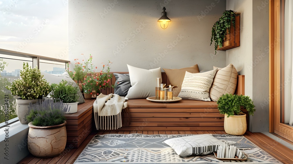 Poster balcony with a built-in wooden bench