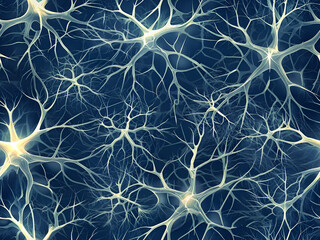 seamless pattern of electric blue nerve-like structures on a dark background, resembling neural networks