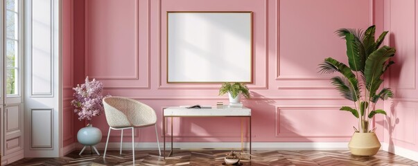 Elegant home office, framed ISO A paper on pastelcolored wall, minimalist furniture, 3D rendered mockup