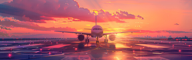 Commercial airplane on the runway at sunset travel and transportation theme with vibrant colors...
