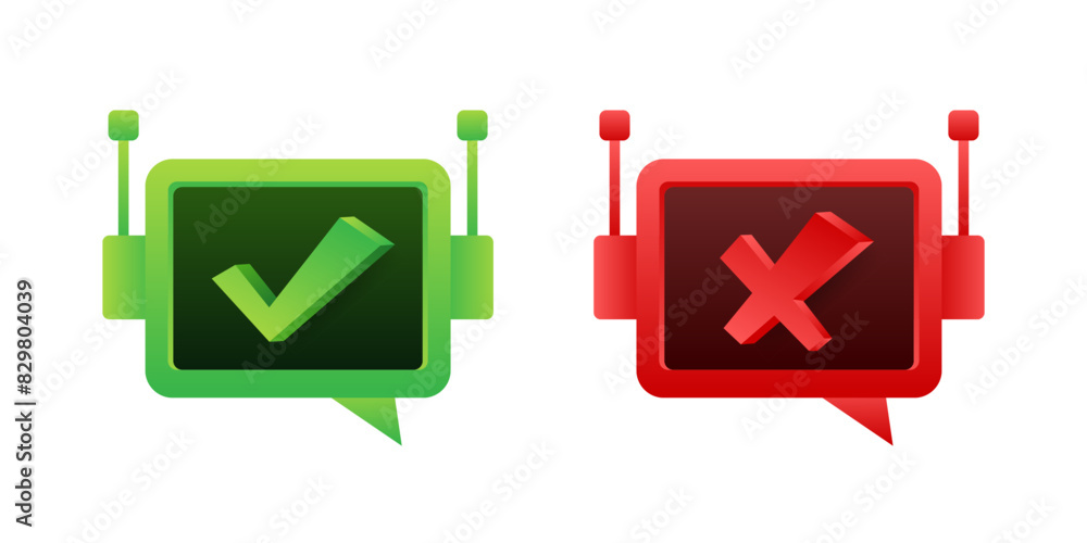 Poster Robots with Yes and No signs on their displays. Please check robot. Chat bot.
